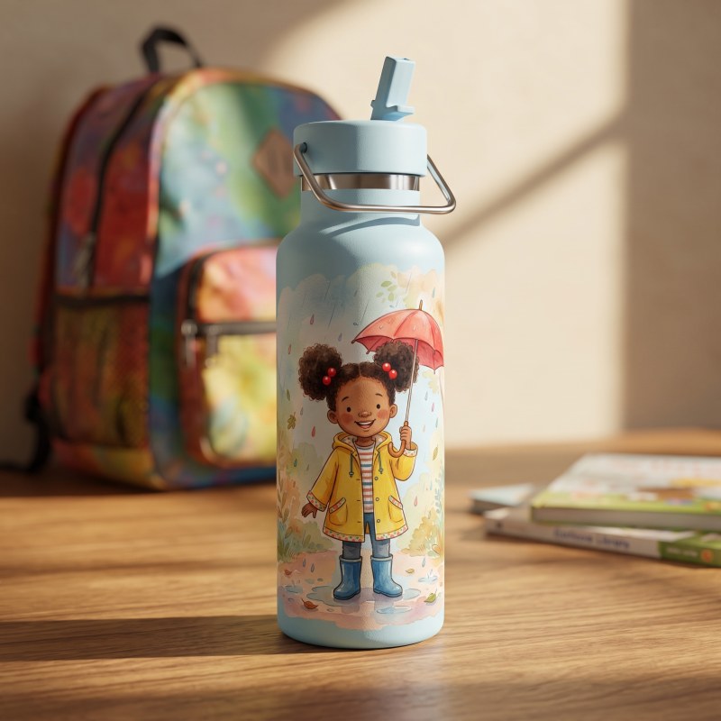 A child’s character printed on a kids’ water bottle